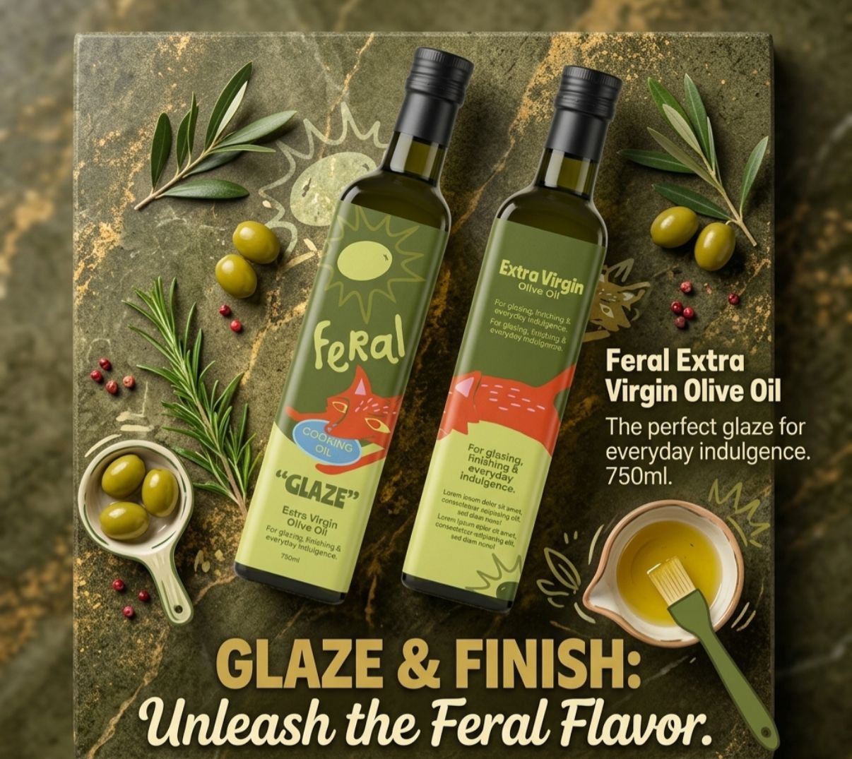 Feral Glaze and Extra Virgin Olive Oil bottles
